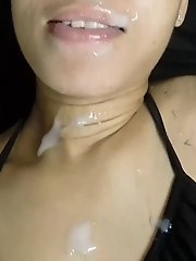 Elderly women with large breasts are covered in semen